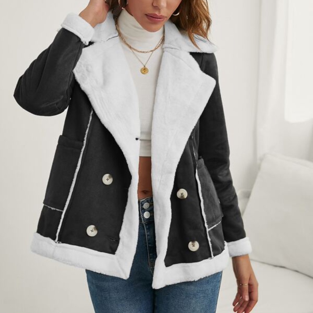 Cozy Charcoal Grey Luxe Teddy Vegan Suede Jacket Coat - Picture 1 of 8
